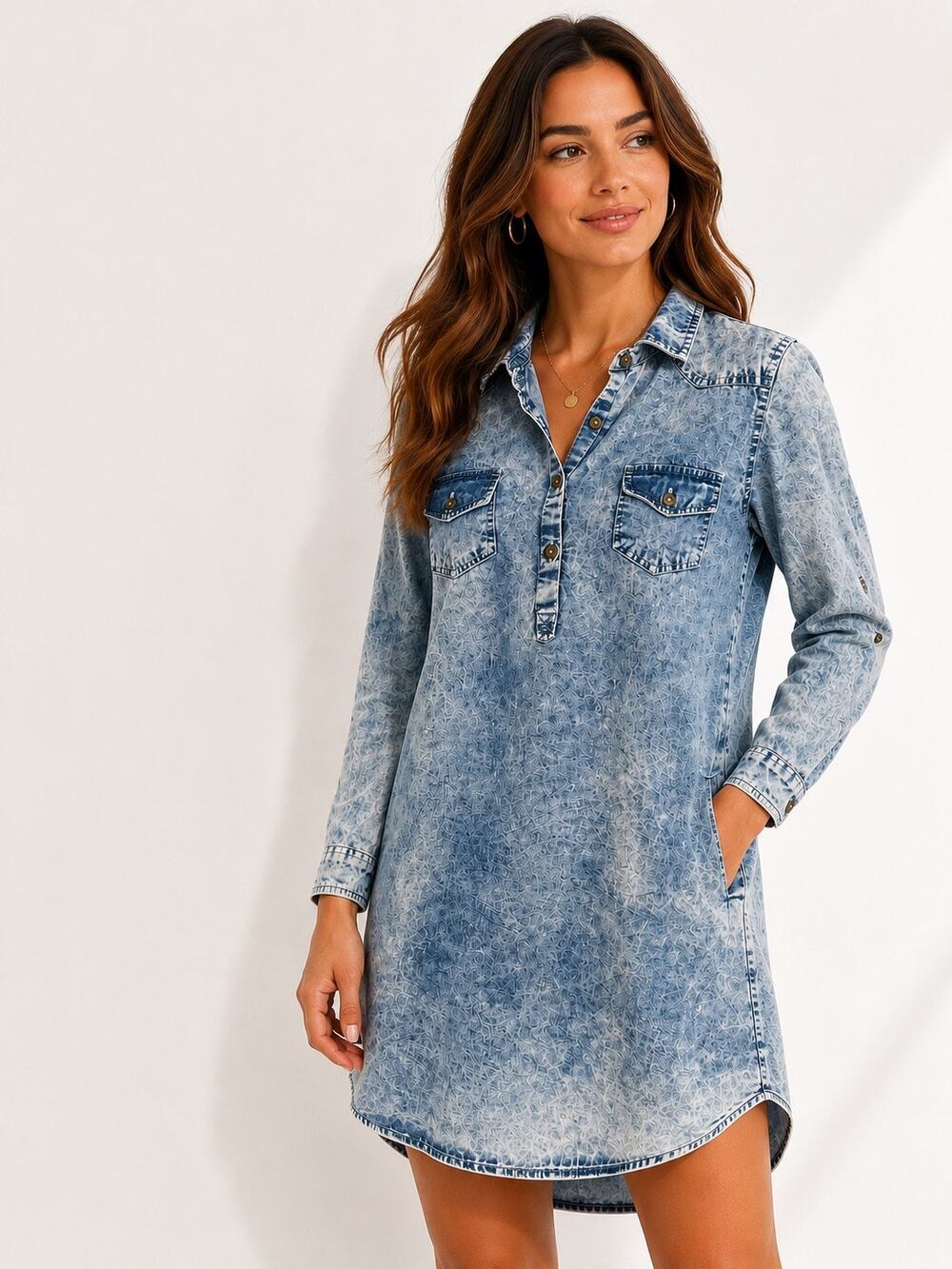 Acid Wash Denim Shirt Dress Tunic Blue Long Sleeve Size Large